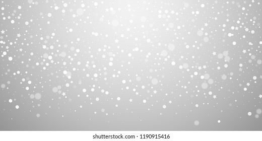 Magic Stars Random Christmas Background. Subtle Flying Snow Flakes And Stars On Light Grey Background. Beauteous Winter Silver Snowflake Overlay Template. Shapely Vector Illustration.