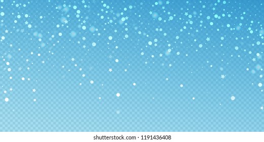 Magic stars random Christmas background. Subtle flying snow flakes and stars on blue transparent background. Attractive winter silver snowflake overlay template. Breathtaking vector illustration.