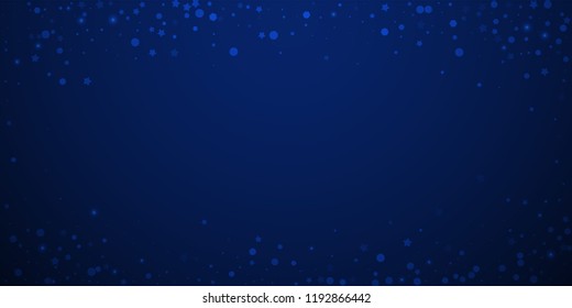 Magic stars random Christmas background. Subtle flying snow flakes and stars on dark blue night background. Bewitching winter silver snowflake overlay template. Dazzling vector illustration.