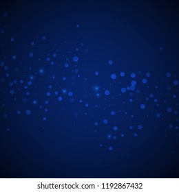 Magic stars random Christmas background. Subtle flying snow flakes and stars on dark blue night background. Bizarre winter silver snowflake overlay template. Optimal vector illustration.