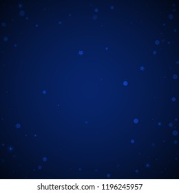 Magic stars random Christmas background. Subtle flying snow flakes and stars on dark blue night background. Amazing winter silver snowflake overlay template. Indelible vector illustration.