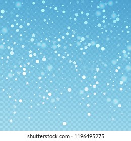 Magic stars random Christmas background. Subtle flying snow flakes and stars on blue transparent background. Alive winter silver snowflake overlay template. Valuable vector illustration.