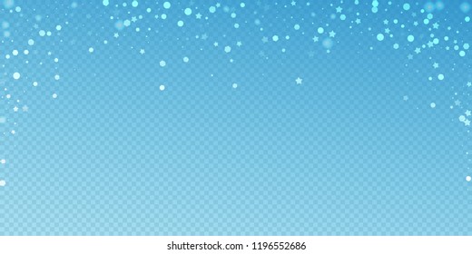 Magic stars random Christmas background. Subtle flying snow flakes and stars on blue transparent background. Attractive winter silver snowflake overlay template. Remarkable vector illustration.