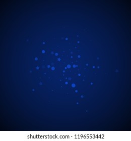 Magic stars random Christmas background. Subtle flying snow flakes and stars on dark blue night background. Actual winter silver snowflake overlay template. Pleasant vector illustration.