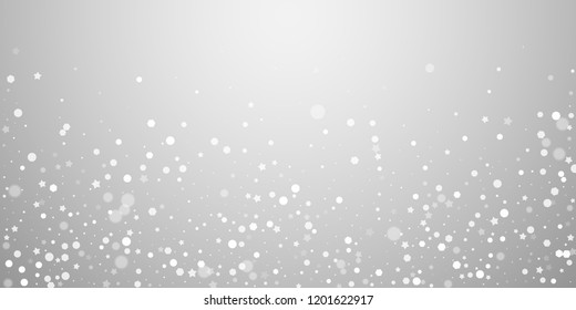 Magic stars random Christmas background. Subtle flying snow flakes and stars on light grey background. Authentic winter silver snowflake overlay template. Eminent vector illustration.