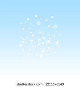 Magic stars random Christmas background. Subtle flying snow flakes and stars on winter sky background. Beauteous winter silver snowflake overlay template. Extra vector illustration.