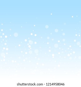 Magic stars random Christmas background. Subtle flying snow flakes and stars on winter sky background. Authentic winter silver snowflake overlay template. Worthy vector illustration.