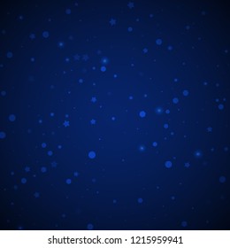 Magic stars random Christmas background. Subtle flying snow flakes and stars on dark blue night background. Adorable winter silver snowflake overlay template. Worthy vector illustration.