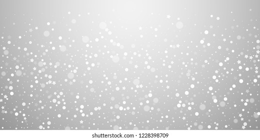 Magic stars random Christmas background. Subtle flying snow flakes and stars on light grey background. Beautiful winter silver snowflake overlay template. Classy vector illustration.