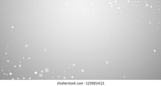 Magic stars random Christmas background. Subtle flying snow flakes and stars on light grey background. Appealing winter silver snowflake overlay template. Memorable vector illustration.