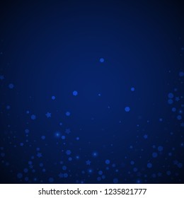 Magic stars random Christmas background. Subtle flying snow flakes and stars on dark blue night background. Admirable winter silver snowflake overlay template. Pleasing vector illustration.