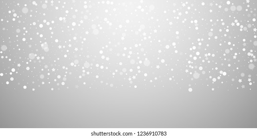 Magic stars random Christmas background. Subtle flying snow flakes and stars on light grey background. Beauteous winter silver snowflake overlay template. Charming vector illustration.