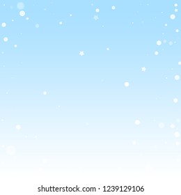 Magic stars random Christmas background. Subtle flying snow flakes and stars on winter sky background. Awesome winter silver snowflake overlay template. Vibrant vector illustration.