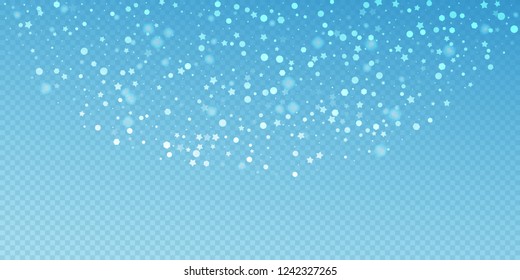 Magic stars random Christmas background. Subtle flying snow flakes and stars on blue transparent background. Beautiful winter silver snowflake overlay template. Interesting vector illustration.