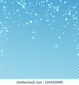 Magic stars random Christmas background. Subtle flying snow flakes and stars on blue transparent background. Admirable winter silver snowflake overlay template. Extraordinary vector illustration.
