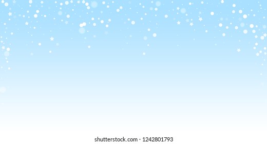 Magic stars random Christmas background. Subtle flying snow flakes and stars on winter sky background. Attractive winter silver snowflake overlay template. Fabulous vector illustration.