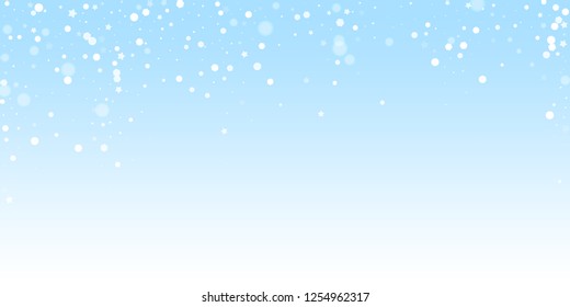 Magic stars random Christmas background. Subtle flying snow flakes and stars on winter sky background. Awesome winter silver snowflake overlay template. Flawless vector illustration.