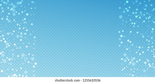 Magic stars random Christmas background. Subtle flying snow flakes and stars on blue transparent background. Appealing winter silver snowflake overlay template. Comely vector illustration.