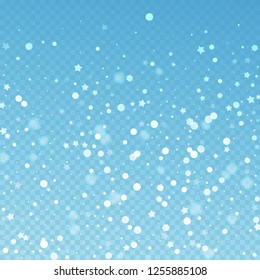 Magic stars random Christmas background. Subtle flying snow flakes and stars on blue transparent background. Alluring winter silver snowflake overlay template. Marvelous vector illustration.