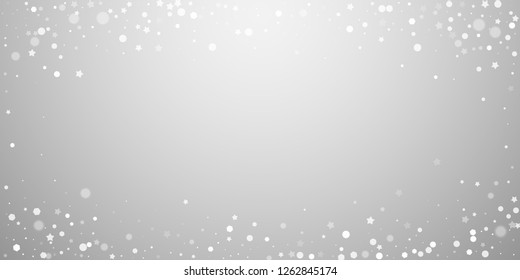 Magic stars random Christmas background. Subtle flying snow flakes and stars on light grey background. Bewitching winter silver snowflake overlay template. Decent vector illustration.