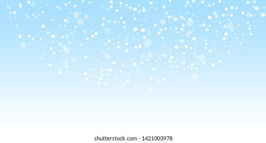 Magic stars random Christmas background. Subtle flying snow flakes and stars on winter sky background. Beautiful winter silver snowflake overlay template. Lively vector illustration.
