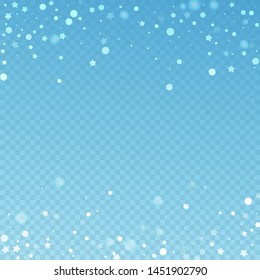 Magic stars random Christmas background. Subtle flying snow flakes and stars on blue transparent background. Adorable winter silver snowflake overlay template. Excellent vector illustration.