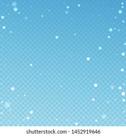 Magic stars random Christmas background. Subtle flying snow flakes and stars on blue transparent background. Amazing winter silver snowflake overlay template. Incredible vector illustration.