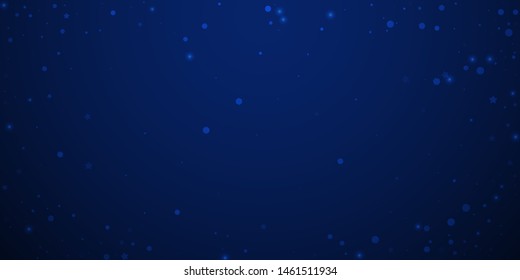 Magic stars random Christmas background. Subtle flying snow flakes and stars on dark blue night background. Beautiful winter silver snowflake overlay template. Quaint vector illustration.