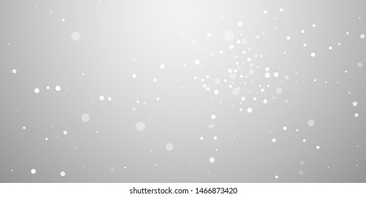 Magic stars random Christmas background. Subtle flying snow flakes and stars on light grey background. Astonishing winter silver snowflake overlay template. Decent vector illustration.