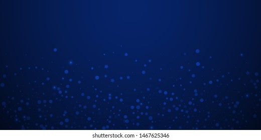 Magic stars random Christmas background. Subtle flying snow flakes and stars on dark blue night background. Beauteous winter silver snowflake overlay template. Wondrous vector illustration.