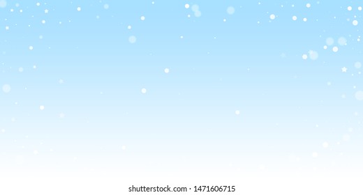 Magic stars random Christmas background. Subtle flying snow flakes and stars on winter sky background. Beautiful winter silver snowflake overlay template. Rare vector illustration.