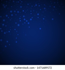 Magic stars random Christmas background. Subtle flying snow flakes and stars on dark blue night background. Adorable winter silver snowflake overlay template. Modern vector illustration.