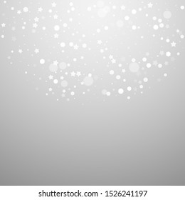 Magic stars random Christmas background. Subtle flying snow flakes and stars on light grey background. Amazing winter silver snowflake overlay template. Creative vector illustration.
