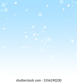 Magic stars random Christmas background. Subtle flying snow flakes and stars on winter sky background. Authentic winter silver snowflake overlay template. Fascinating vector illustration.