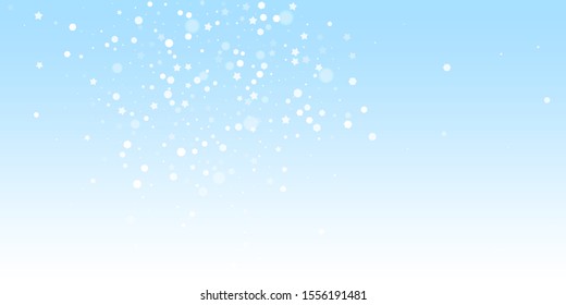 Magic stars random Christmas background. Subtle flying snow flakes and stars on winter sky background. Astonishing winter silver snowflake overlay template. Unusual vector illustration.