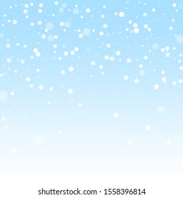 Magic stars random Christmas background. Subtle flying snow flakes and stars on winter sky background. Beauteous winter silver snowflake overlay template. Lovely vector illustration.