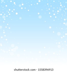 Magic stars random Christmas background. Subtle flying snow flakes and stars on winter sky background. Beauteous winter silver snowflake overlay template. Captivating vector illustration.