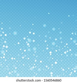 Magic stars random Christmas background. Subtle flying snow flakes and stars on blue transparent background. Adorable winter silver snowflake overlay template. Admirable vector illustration.