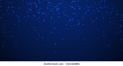 Magic stars random Christmas background. Subtle flying snow flakes and stars on dark blue night background. Attractive winter silver snowflake overlay template. Brilliant vector illustration.