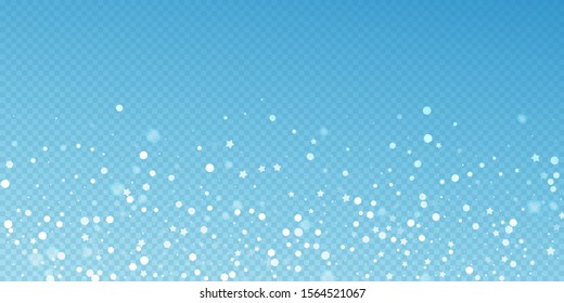 Magic stars random Christmas background. Subtle flying snow flakes and stars on blue transparent background. Beauteous winter silver snowflake overlay template. Wonderful vector illustration.