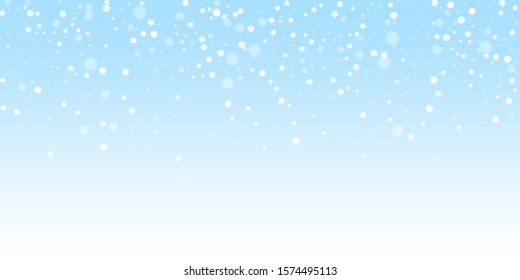 Magic stars random Christmas background. Subtle flying snow flakes and stars on winter sky background. Beauteous winter silver snowflake overlay template. Neat vector illustration.