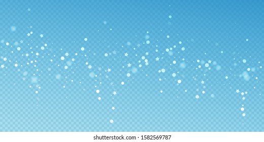 Magic stars random Christmas background. Subtle flying snow flakes and stars on blue transparent background. Attractive winter silver snowflake overlay template. Magnificent vector illustration.