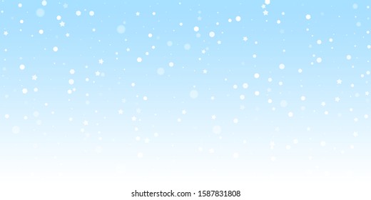 Magic stars random Christmas background. Subtle flying snow flakes and stars on winter sky background. Awesome winter silver snowflake overlay template. Dazzling vector illustration.