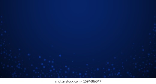 Magic stars random Christmas background. Subtle flying snow flakes and stars on dark blue night background. Authentic winter silver snowflake overlay template. Attractive vector illustration.