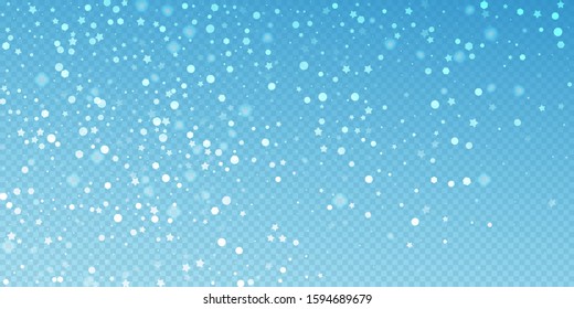 Magic stars random Christmas background. Subtle flying snow flakes and stars on blue transparent background. Beautiful winter silver snowflake overlay template. Energetic vector illustration.