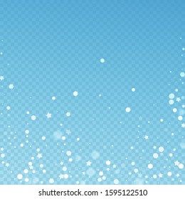 Magic stars random Christmas background. Subtle flying snow flakes and stars on blue transparent background. Admirable winter silver snowflake overlay template. Pleasant vector illustration.