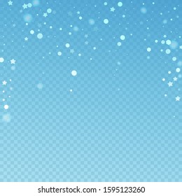Magic stars random Christmas background. Subtle flying snow flakes and stars on blue transparent background. Bizarre winter silver snowflake overlay template. Fantastic vector illustration.