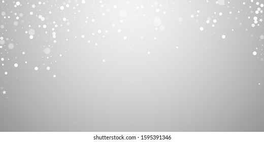 Magic stars random Christmas background. Subtle flying snow flakes and stars on light grey background. Awesome winter silver snowflake overlay template. Fine vector illustration.