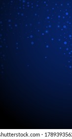 Magic stars random Christmas background. Subtle flying snow flakes and stars on dark blue background. Amazing winter silver snowflake overlay template. Impressive vertical illustration.