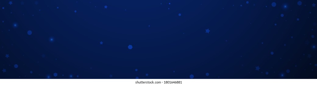 Magic stars random Christmas background. Subtle flying snow flakes and stars on dark blue background. Captivating winter silver snowflake overlay template. Comely panoramic illustration.